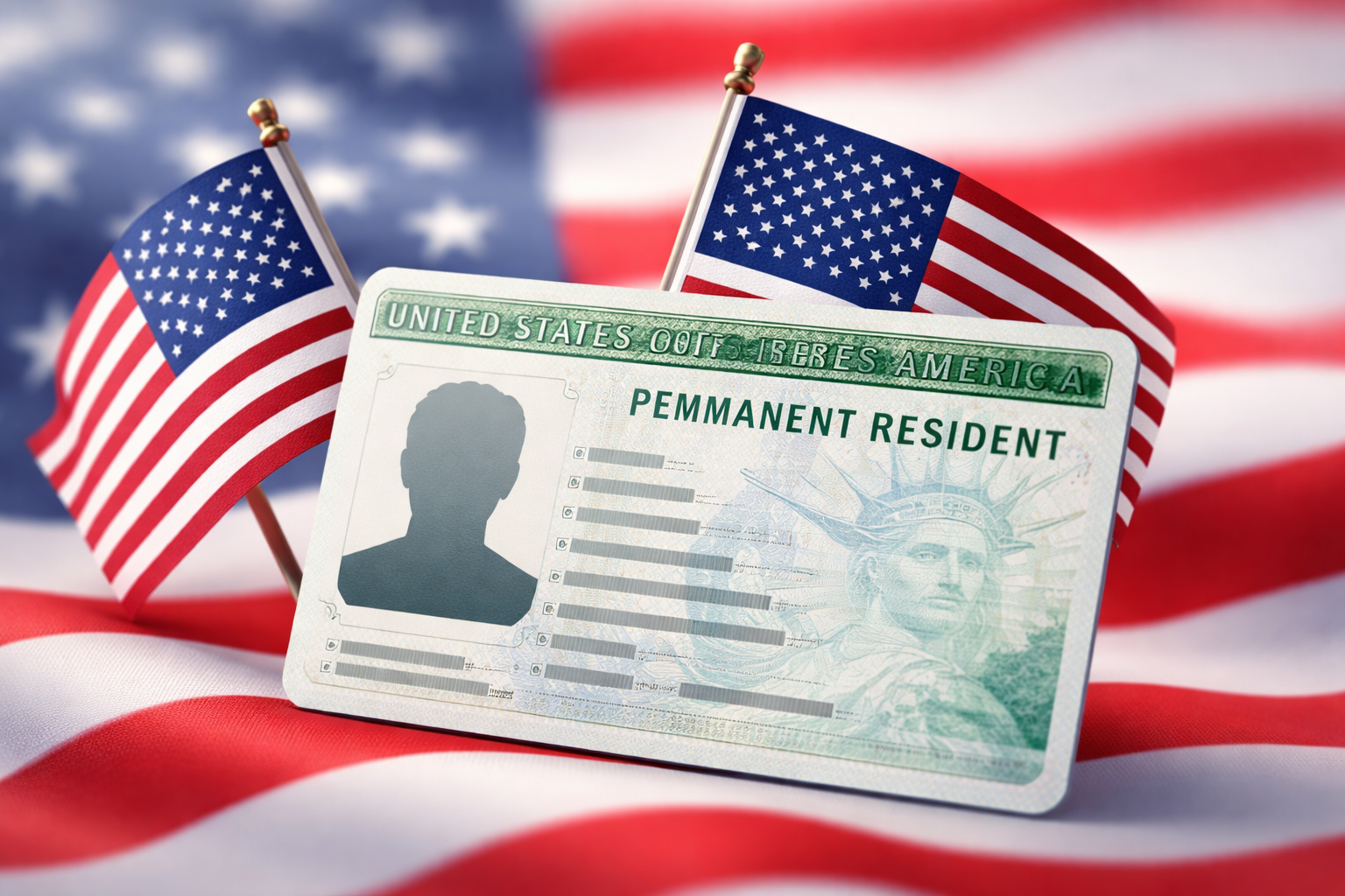 Carte verte américaine (Green Card) avec drapeaux USA – immigration aux États-Unis