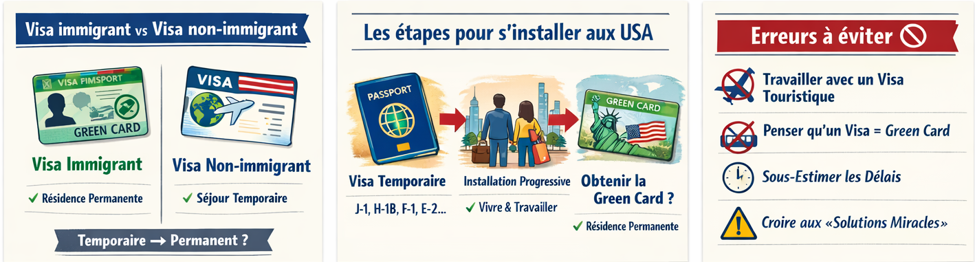 Schéma visas USA immigrant vs non-immigrant, étapes pour s’installer aux États-Unis et erreurs à éviter