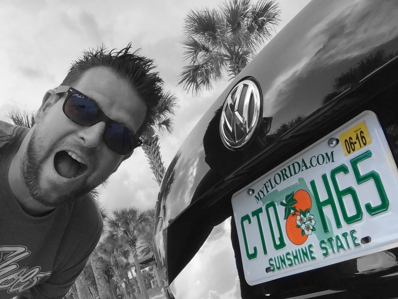 Florida license plate on a car with palm trees in the background in Florida