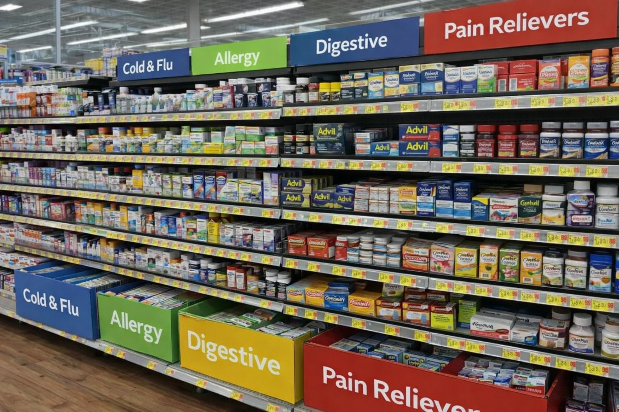 Rayon médicaments en libre-service aux États-Unis dans un supermarché